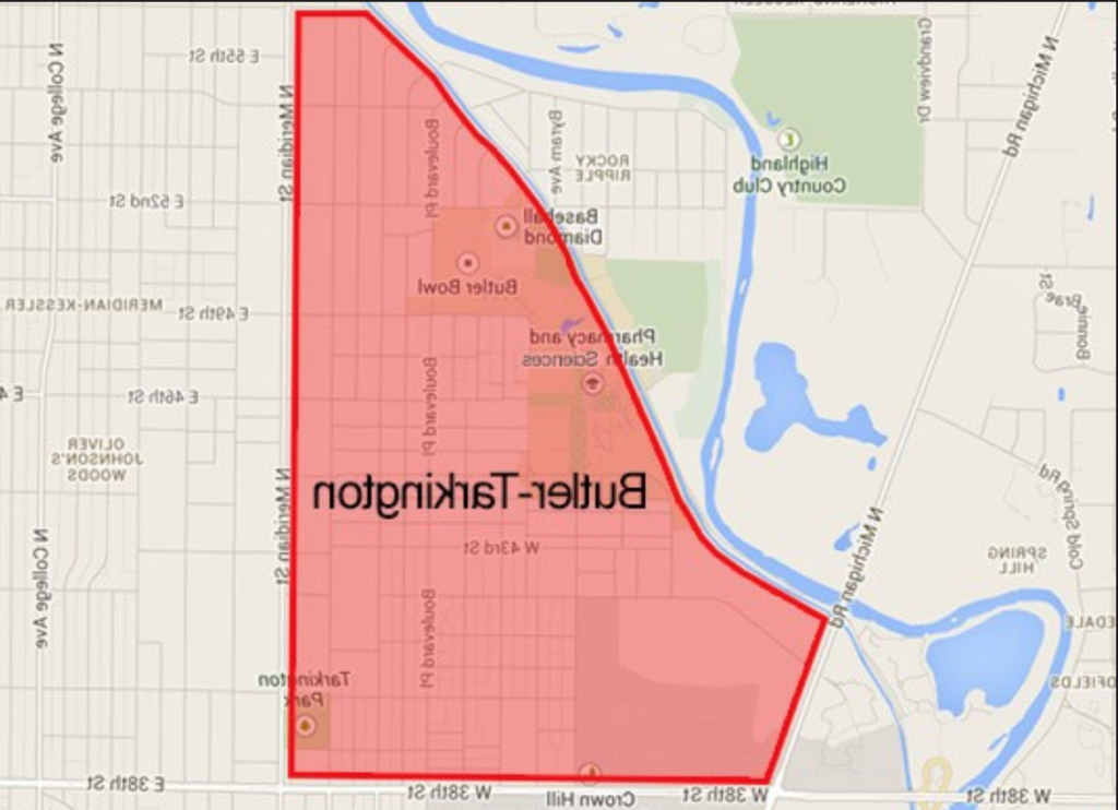 A map of the area surrounding the University with the Butler Tarkington neighborhood's boundaries marked, running from 38th St to Meridian St to the Central Canal